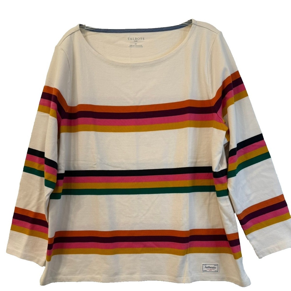 Talbots Plus Size 2X Ivory with Multi Stripe Boat‎ Neck Long Sleeve Cotton Tee